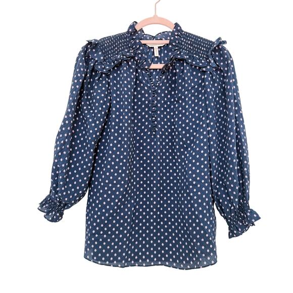 Rebecca Taylor Silk Blend Peasant Ruffle Polka Dot Blouse Navy‎ Size 0 - Picture 1 of 5